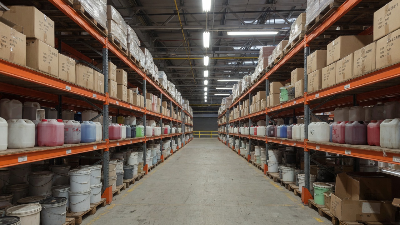 Wholesale aisle of boxed durable goods on pallet racking